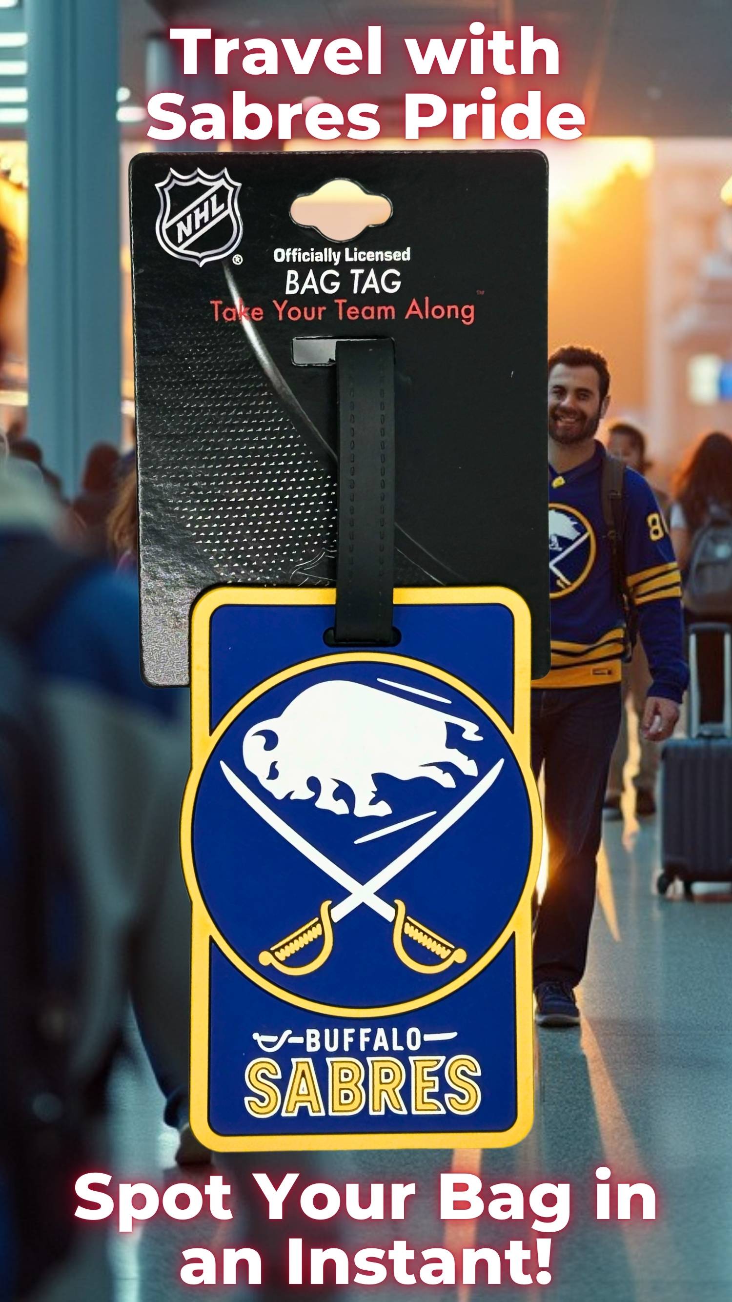Buffalo Sabres luggage tag at the airport; official team accessory for easy bag identification. Perfect for Sabres fans on the move, combining team pride with practicality.