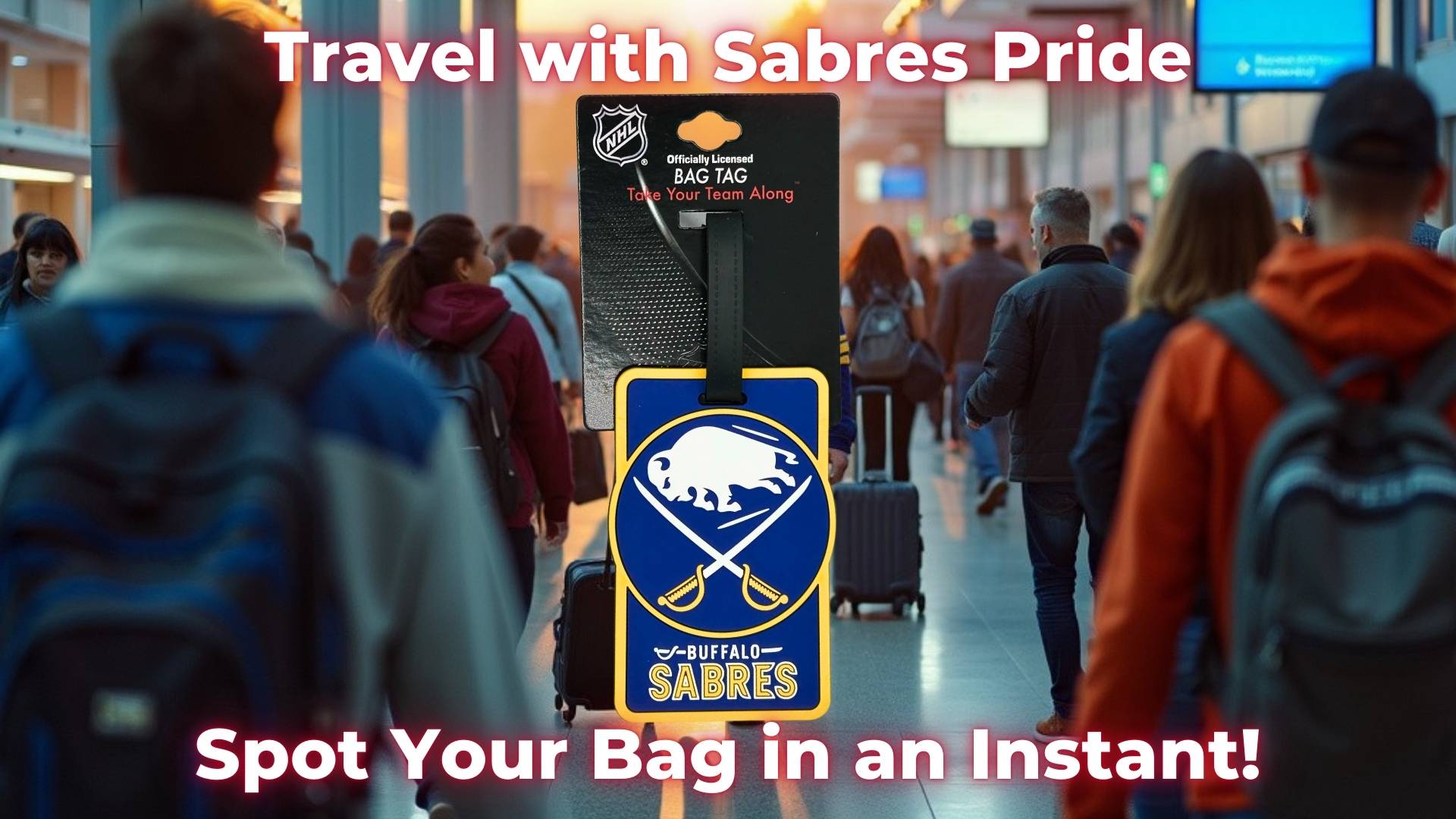 Buffalo Sabres luggage tag displayed at the airport; stand out in the crowd with this durable, officially licensed Sabres tag. Spot your bag with ease and show off your team pride wherever you go. Ideal travel accessory for Buffalo Sabres fans.