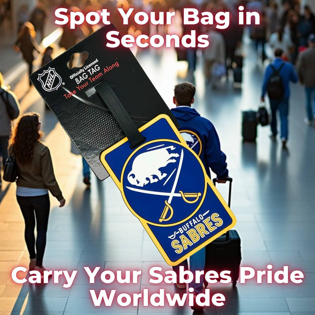 NHL Buffalo Sabres Soft Luggage Tag featuring the bold Sabres logo, perfect for keeping luggage identifiable and a great gift for hockey fans.