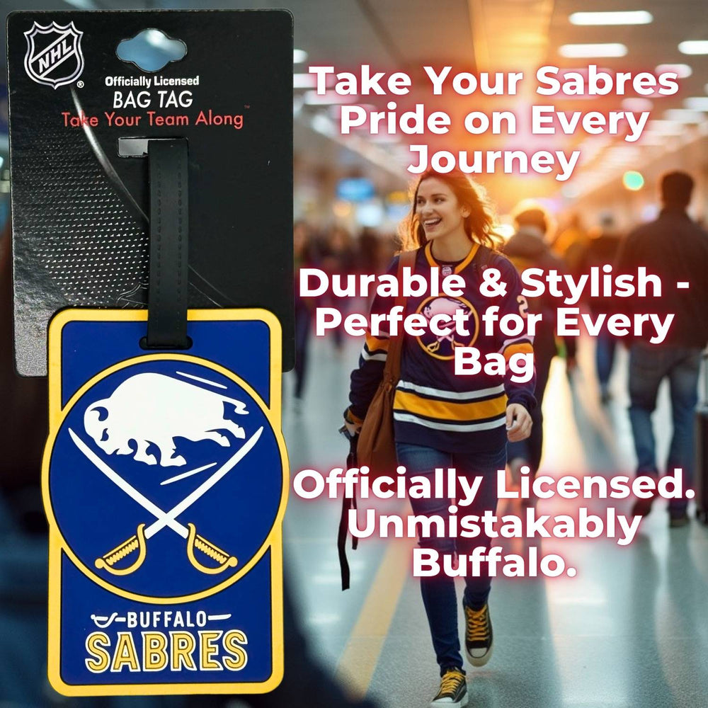 Carry Sabres pride everywhere with this officially licensed Buffalo Sabres luggage tag. Stylish yellow and blue Sabres logo, durable and easy to spot on any luggage.