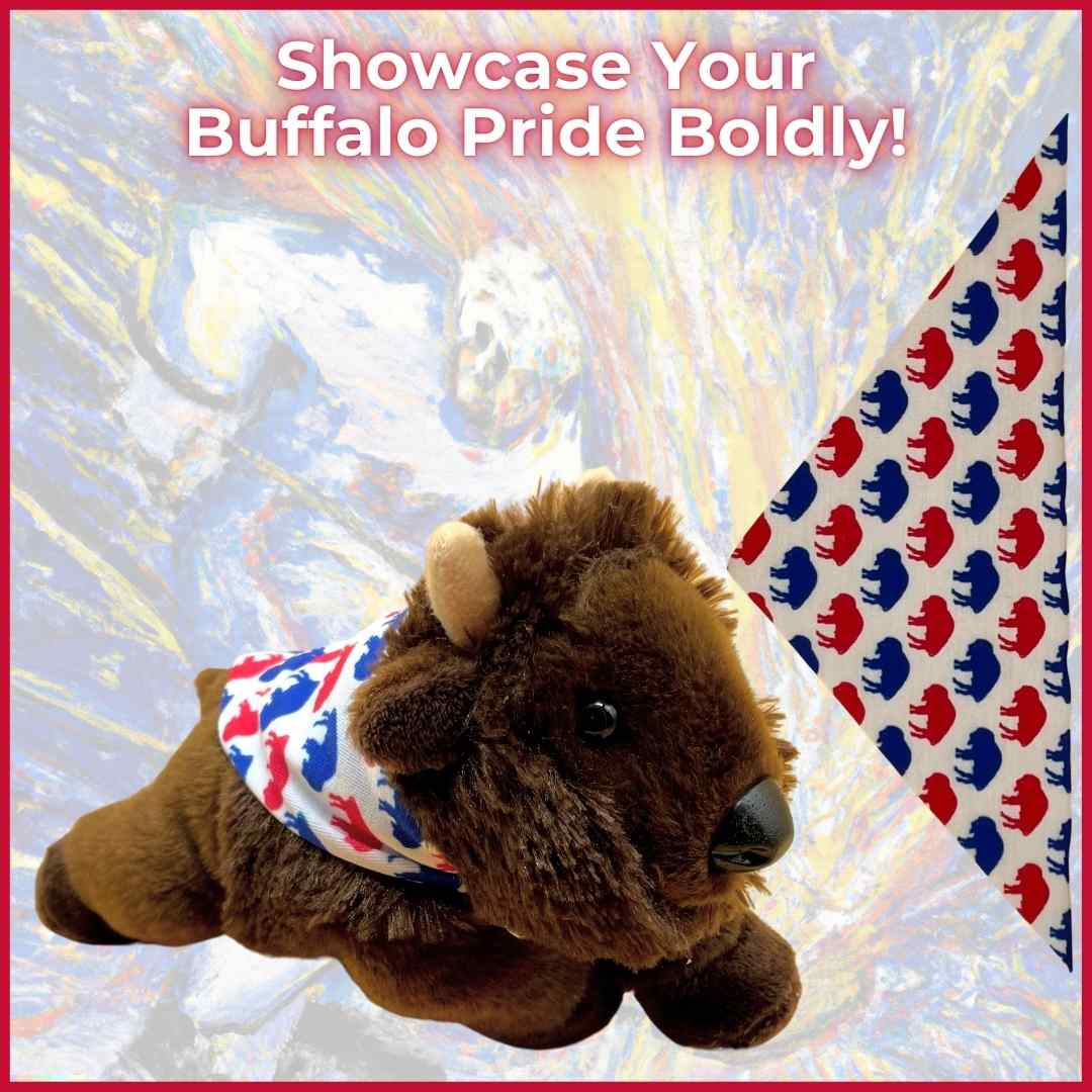 Fia plush buffalo toy wearing the Buffalo Proud Cape, a unique Buffalo Bills gift for fans.