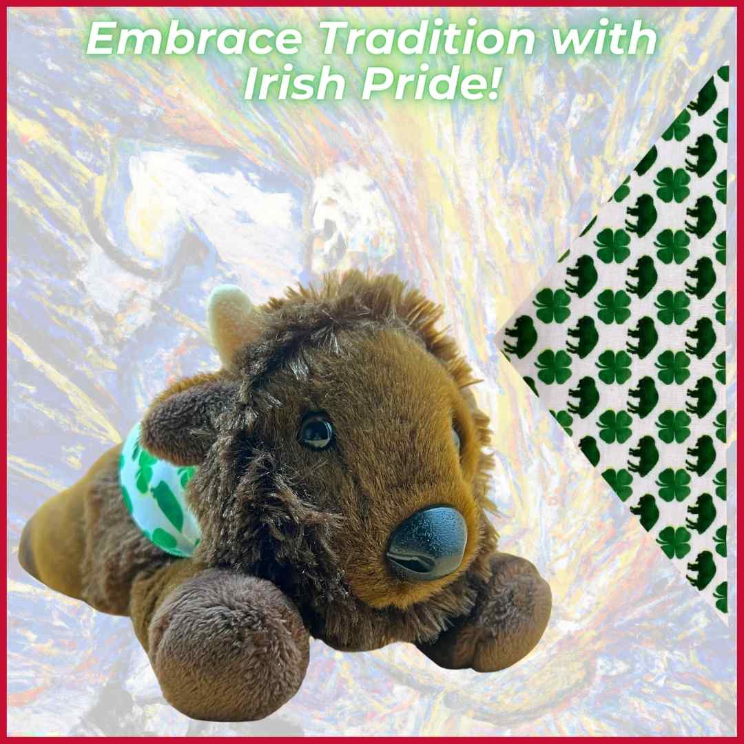 Fia plush buffalo toy wearing an Irish Cape, a unique Buffalo Bills gift for fans.