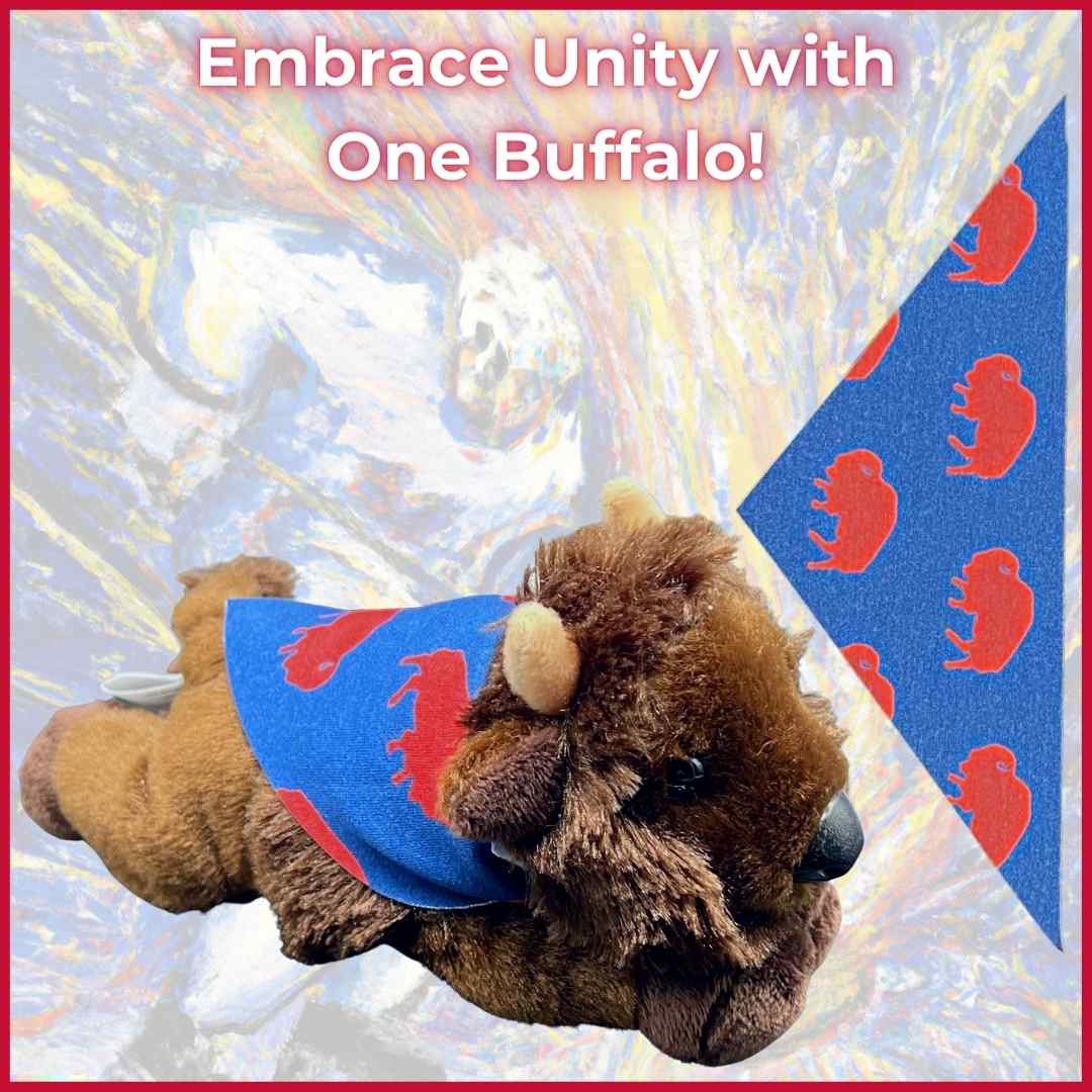 Fia plush buffalo toy wearing the One Buffalo Cape, a unique Buffalo Bills gift for fans.