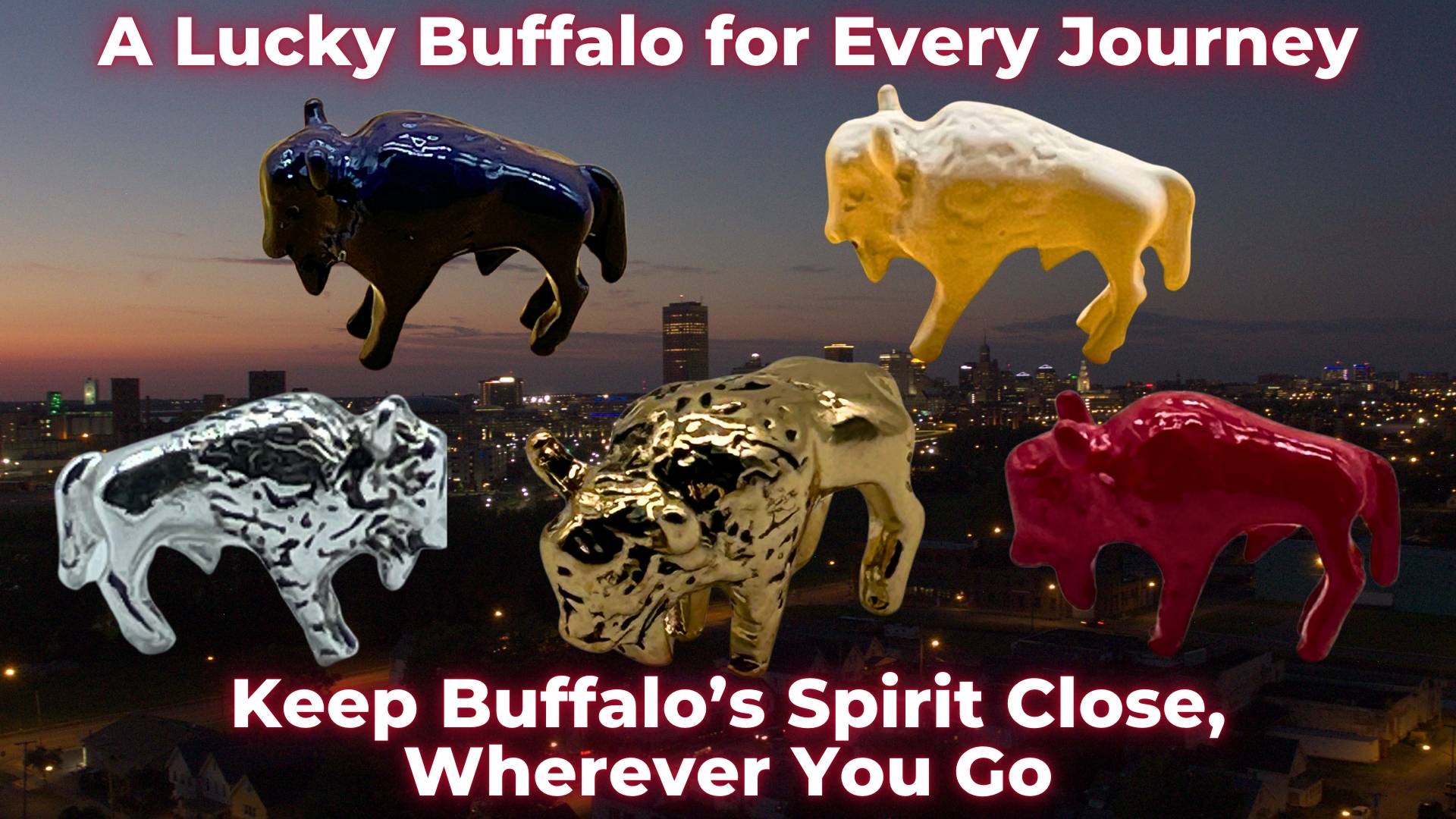 Collectible Lucky Little Buffalo figurines in various colors, symbolizing Buffalo pride and fan loyalty, with a Buffalo cityscape background.