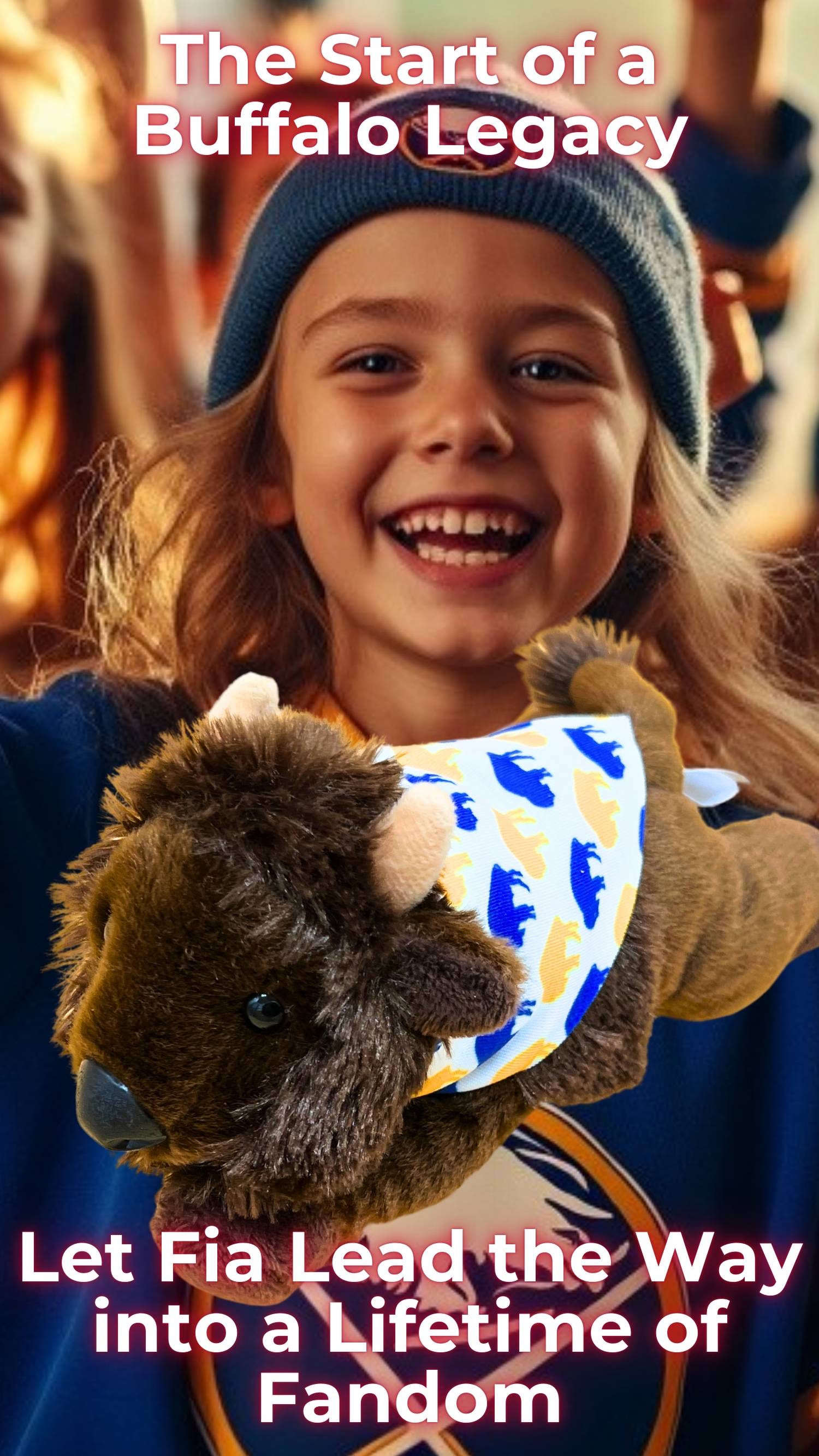 Fia plush toy with Buffalo Sabre cape, bringing Sabres fans into Buffalo fandom. Start your child's Buffalo legacy with Fia, the best Sabres companion.