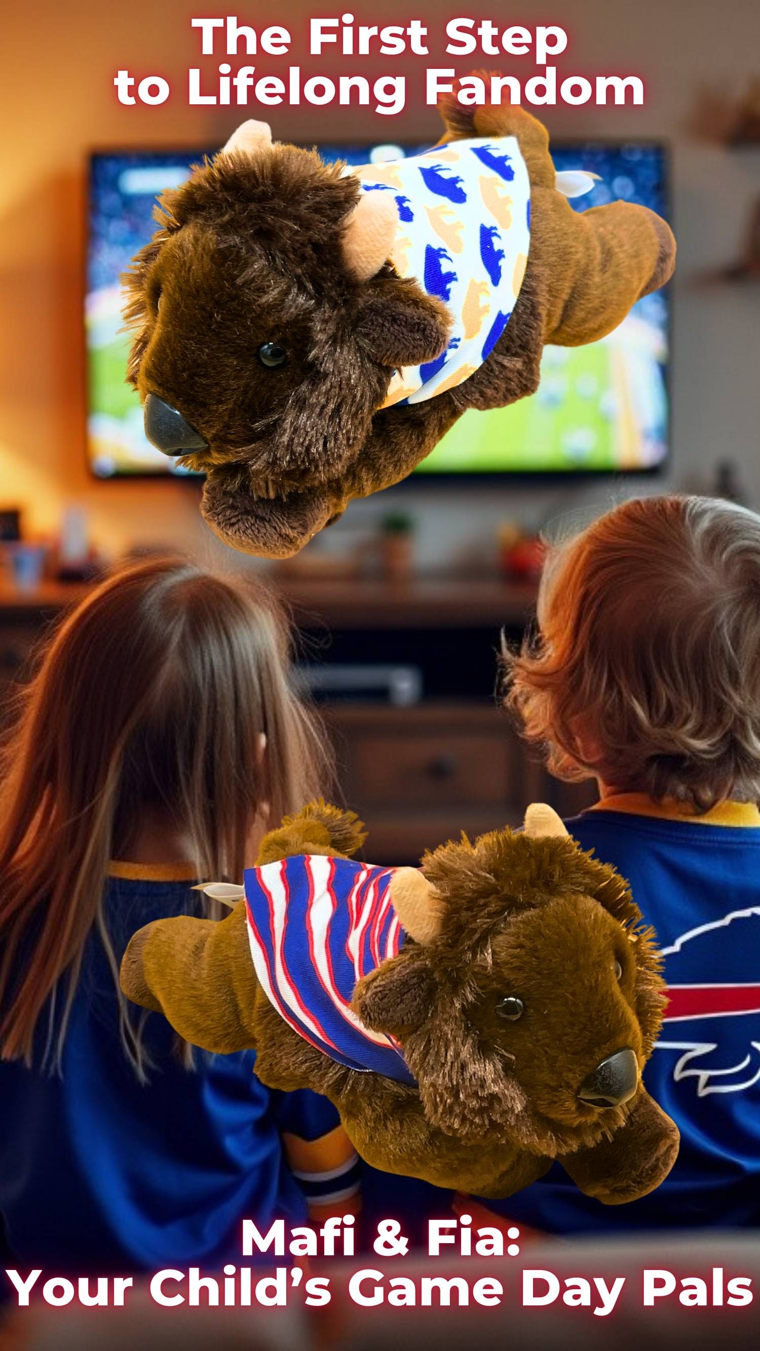 Kids watching a Buffalo Bills game with Mafi and Fia plush buffalo toys, designed to spark lifelong team spirit in young fans.