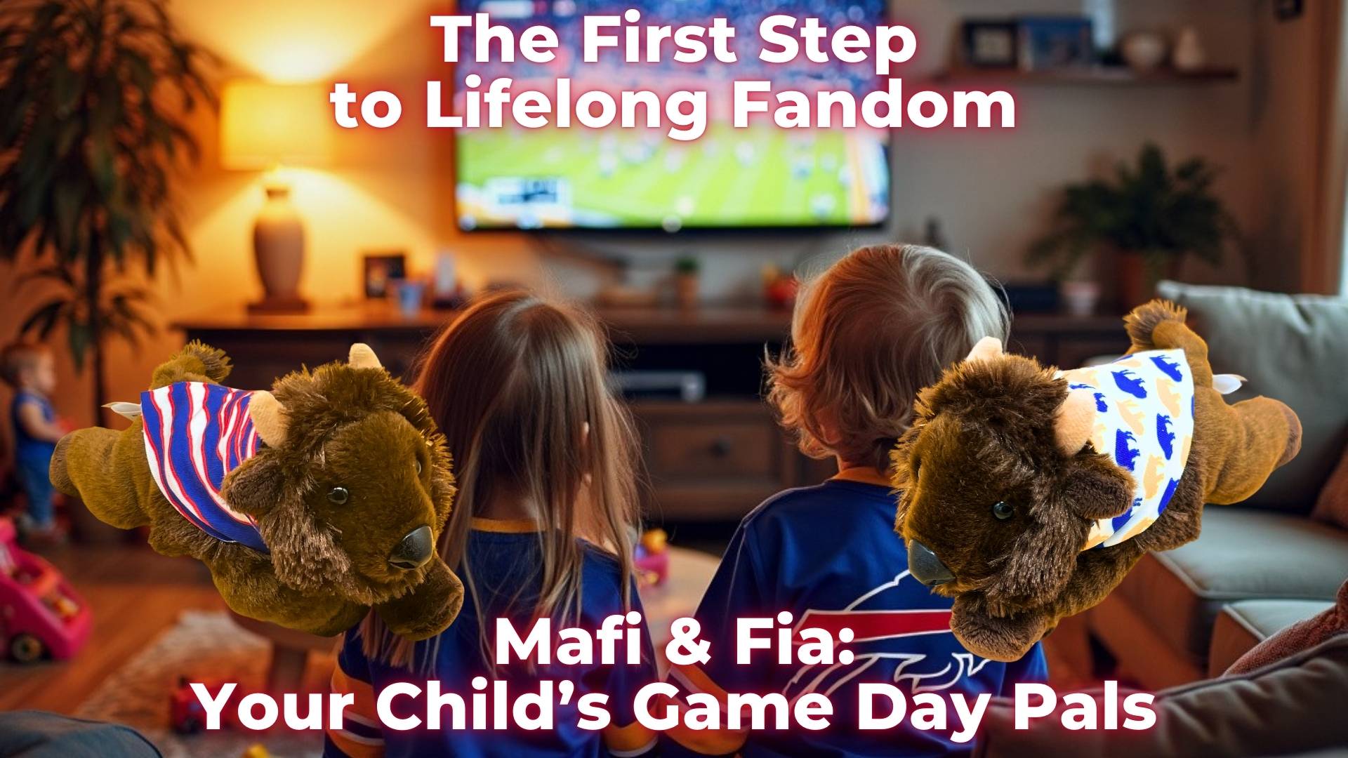 Two young Buffalo Bills fans watch the game with Mafi and Fia plush buffalo toys by their side – perfect companions for building lifelong fandom among kids.