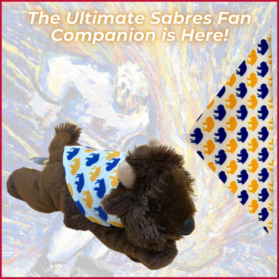 Fia plush buffalo toy wearing the Sabres Cape, a unique Buffalo Bills & Sabres gift for fans.