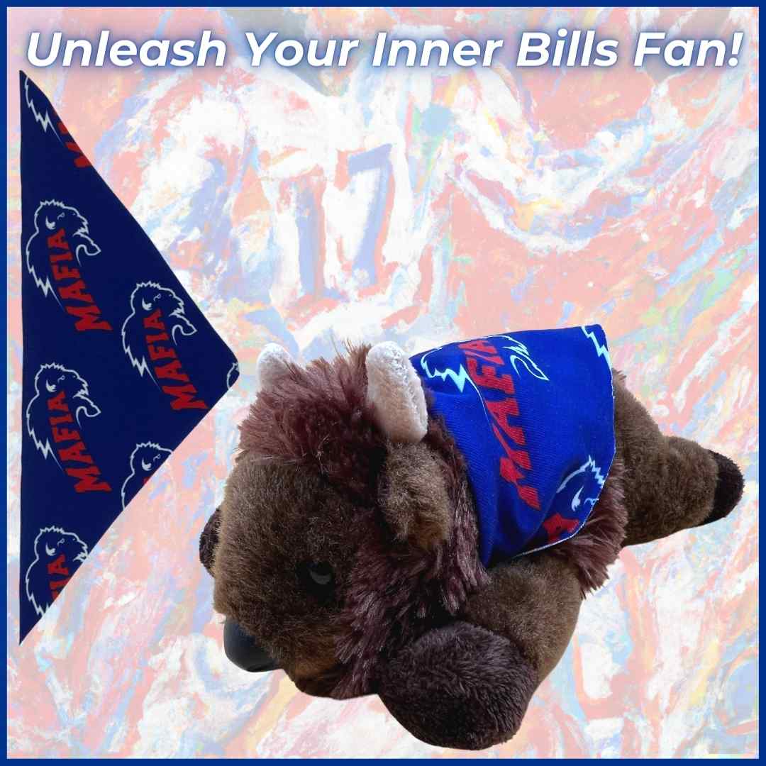 Mafi plush buffalo toy wearing a blue Mafia Cape with bold red and white lettering, perfect Buffalo Bills gift for loyal Bills Mafia fans.