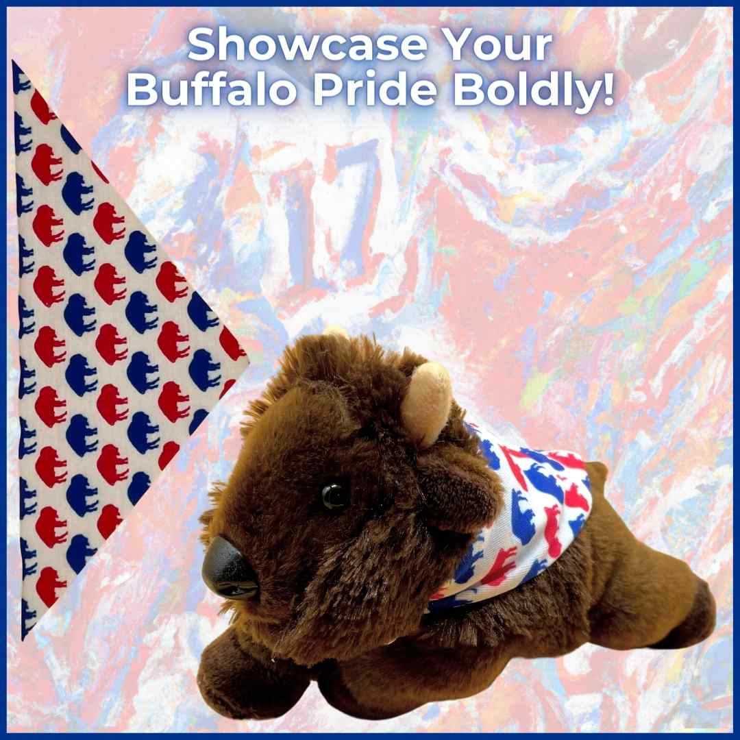 Mafi plush buffalo toy with Buffalo Proud Cape in red, white, and blue, the perfect Buffalo Bills gift for bold Buffalo pride.