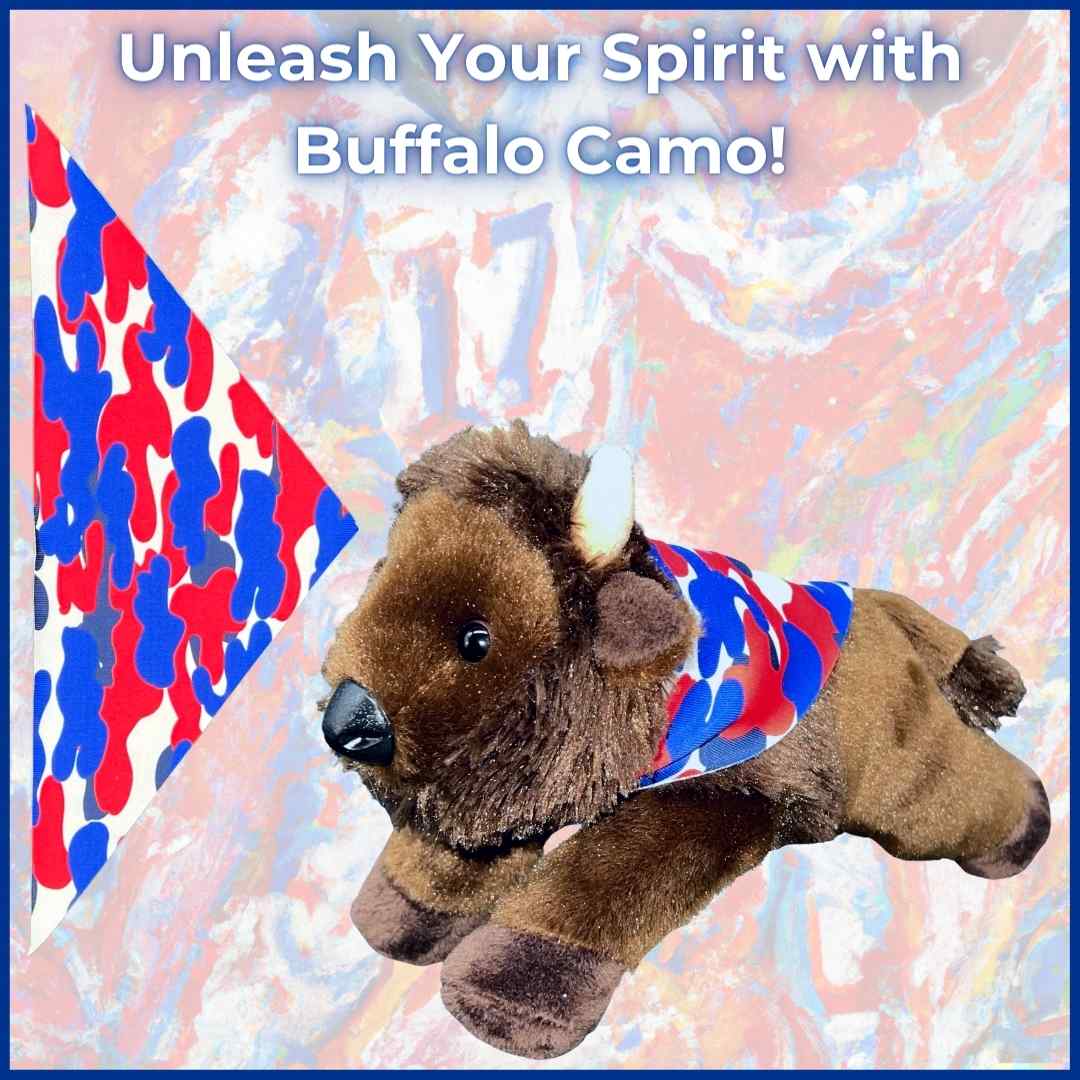 Mafi plush buffalo toy wearing a Buffalo Camo Cape in red, blue, and white colors, set against a vibrant abstract background, perfect for Buffalo Bills fans.