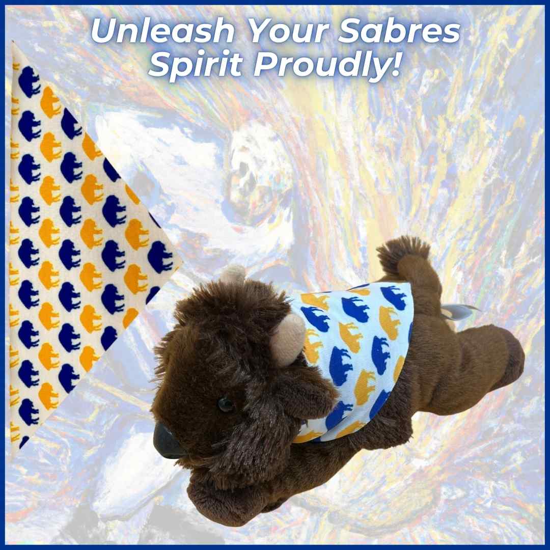 Mafi plush buffalo toy wearing Sabre Cape, a unique Buffalo Bills gift perfect for fans and collectors.