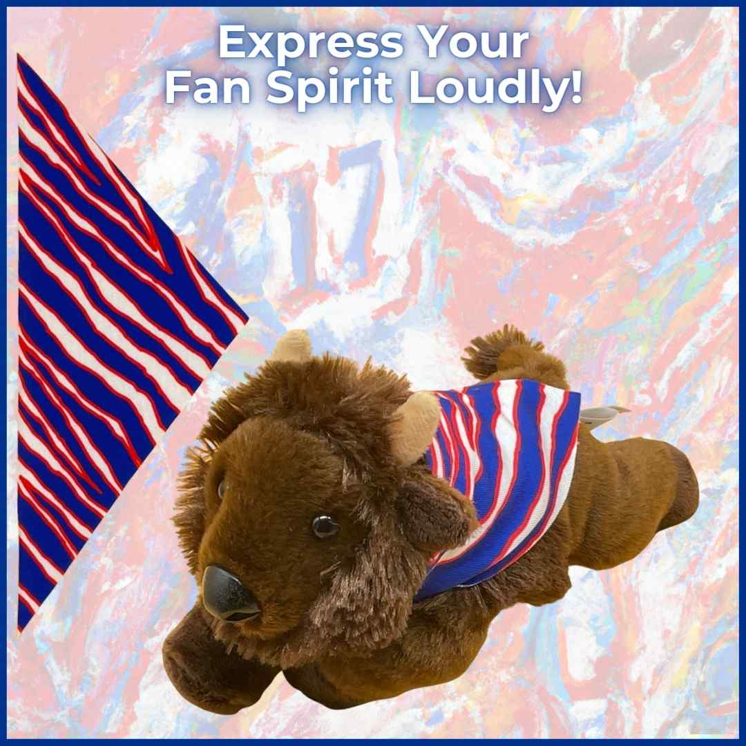 Mafi plush buffalo toy wearing the bold Shout Cape, a unique Buffalo Bills gift for dedicated fans.