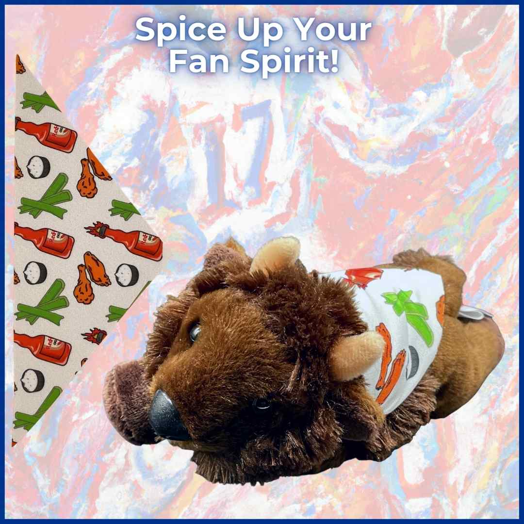 Mafi plush buffalo toy wearing a Wing Cape, a unique Buffalo Bills gift perfect for fans and collectors.