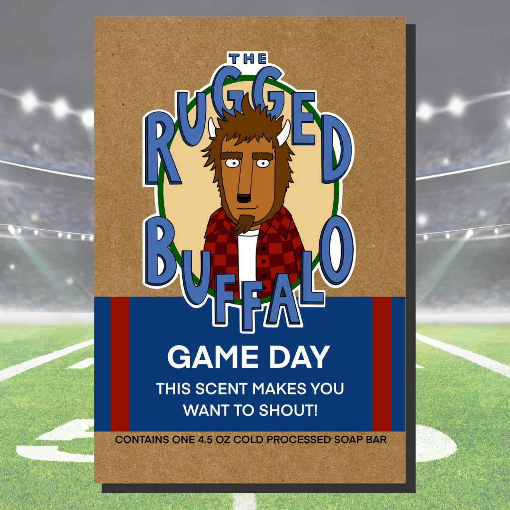 The Rugged Buffalo Soap – Game Day, natural men’s soap for a rugged and refreshing cleanse, perfect as a unique Buffalo Bills gift.