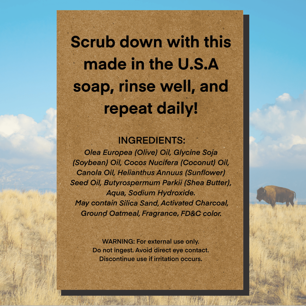 The Rugged Buffalo Natural Mens Soap - Unscented ingredients list.  The perfect gift for Buffalo Bills Fans everywhere!