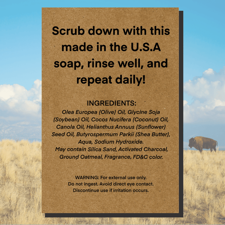 The Rugged Buffalo Natural Mens Soap - Unscented ingredients list.  The perfect gift for Buffalo Bills Fans everywhere!